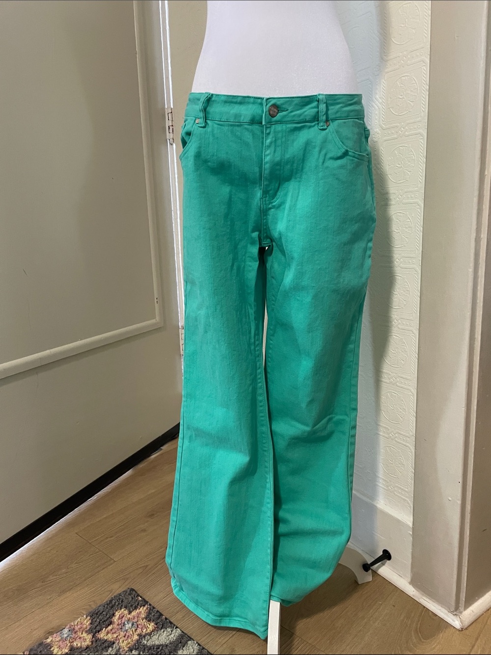 High-Rise Wide-Leg Jeans in Bright Teal Green